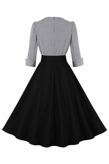 Vestido preto de lapel neck plaid vintage 1950